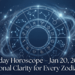 Today Horoscope January 20, 2026 showing emotional clarity and calm zodiac energy in dark blue astrology background