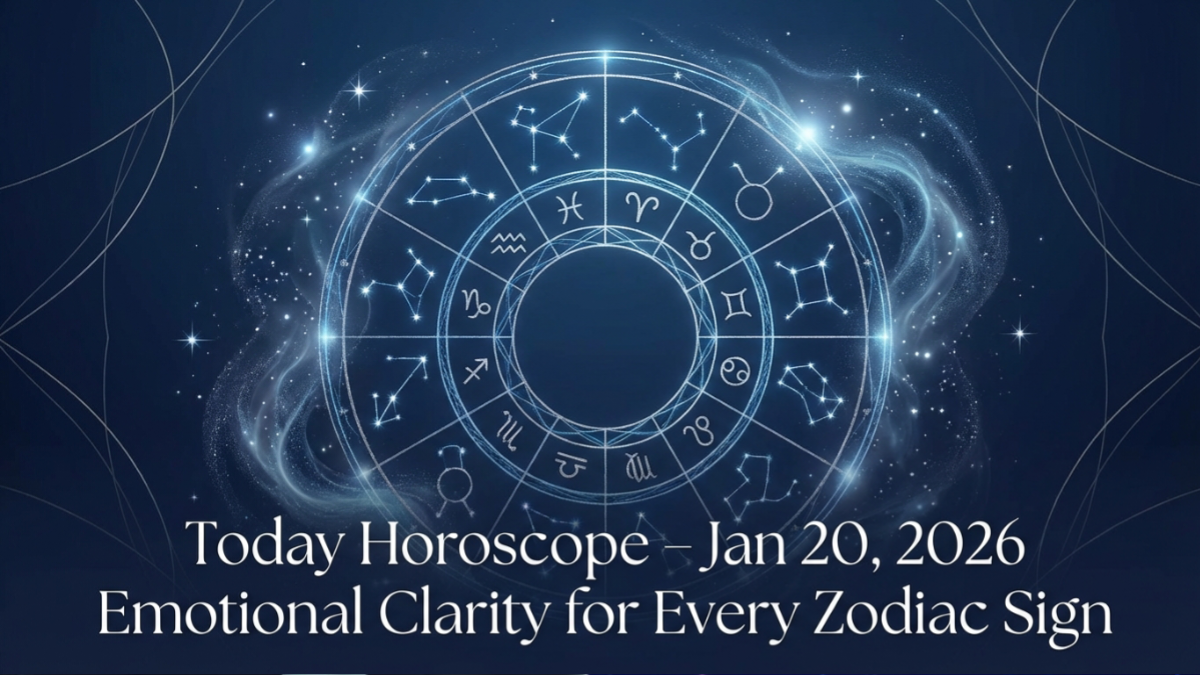 Today Horoscope January 20, 2026 showing emotional clarity and calm zodiac energy in dark blue astrology background