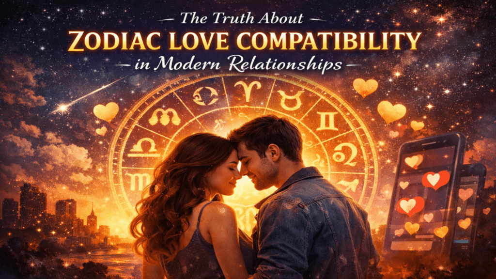 Romantic couple standing in front of a glowing zodiac wheel, symbolizing zodiac love compatibility in modern relationships