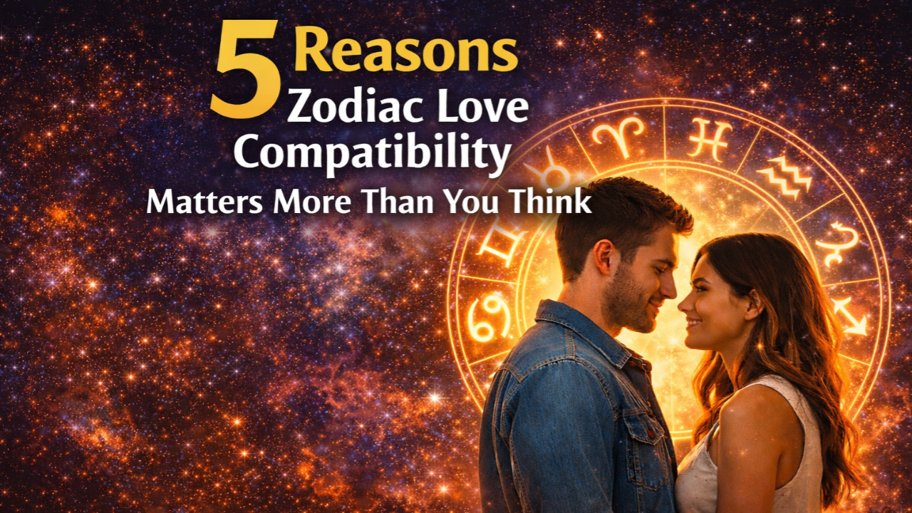 Couple standing in front of a glowing zodiac wheel representing zodiac love compatibility in modern relationships