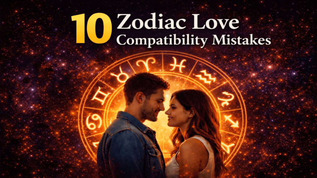 Zodiac love compatibility mistakes illustrated with a couple and astrological zodiac wheel