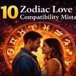 Zodiac love compatibility mistakes illustrated with a couple and astrological zodiac wheel