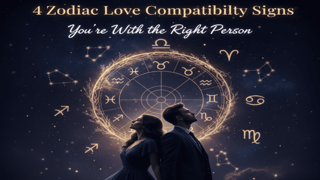 Romantic couple standing under a glowing zodiac wheel in a cosmic night sky representing zodiac love compatibility signs in modern relationships