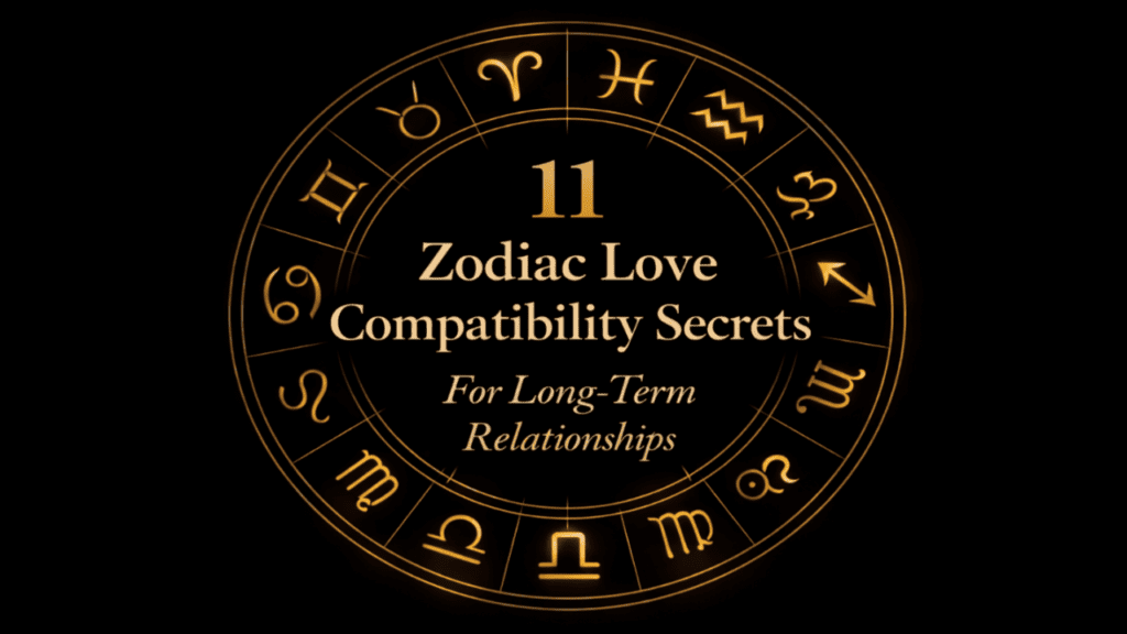 Luxury minimal zodiac love compatibility secrets design with golden zodiac wheel on black background