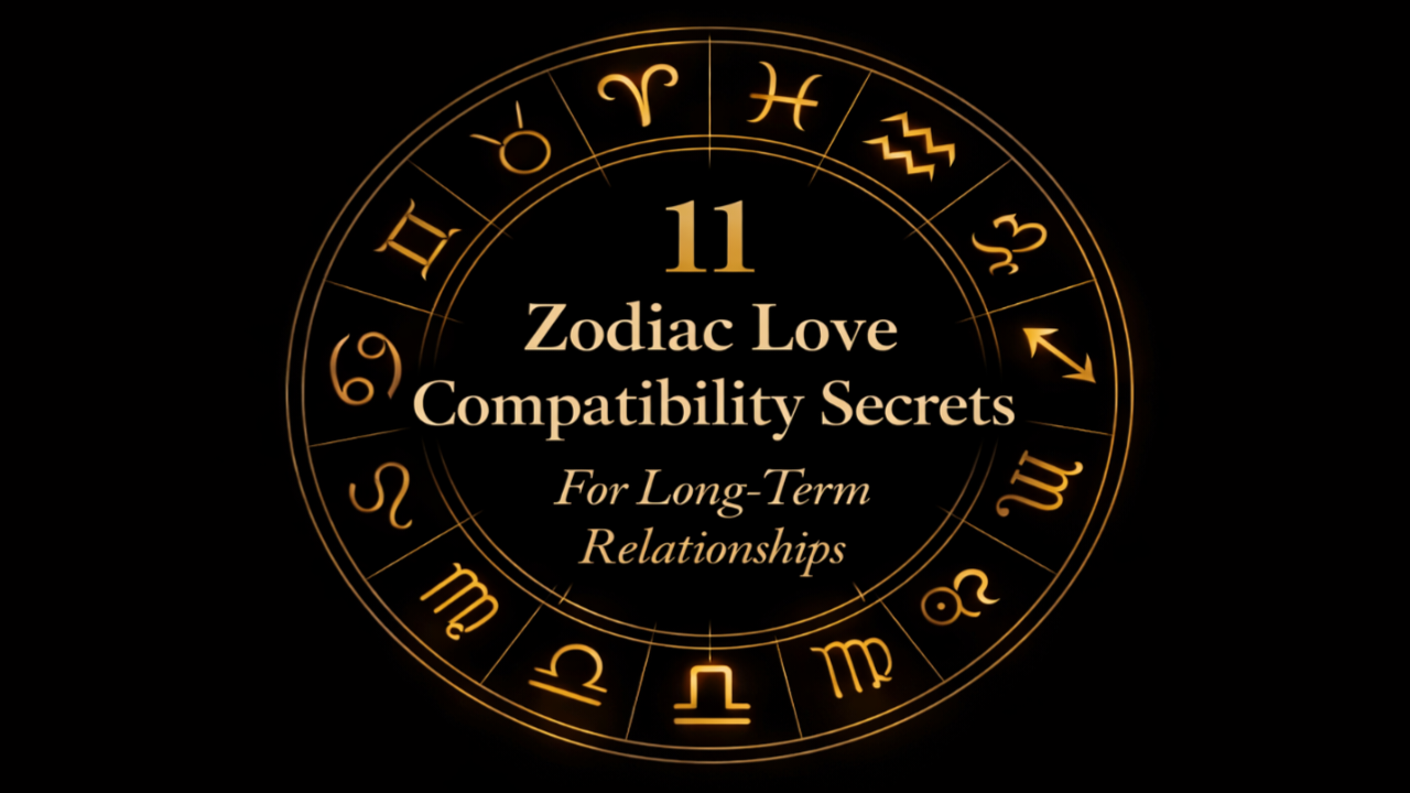 Luxury minimal zodiac love compatibility secrets design with golden zodiac wheel on black background