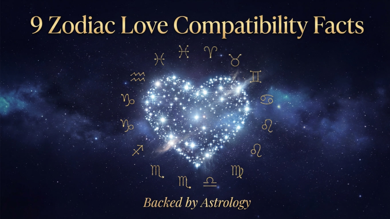 Golden zodiac symbols on cosmic background representing love compatibility astrology