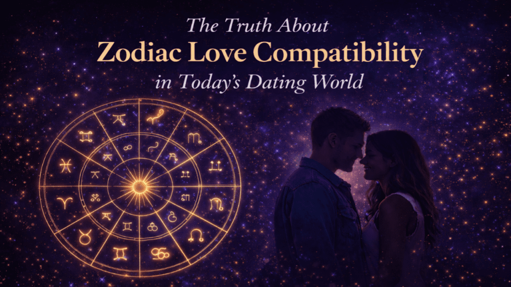 The truth about zodiac love compatibility shown with a glowing zodiac circle and couple silhouette in a modern cosmic background