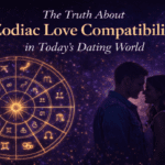 The truth about zodiac love compatibility shown with a glowing zodiac circle and couple silhouette in a modern cosmic background