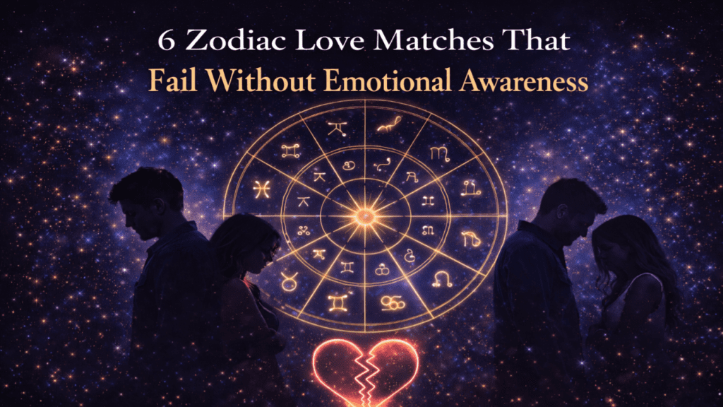 Golden zodiac wheel with broken heart and silhouette couples on starry background