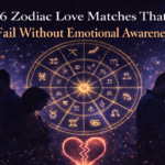 Golden zodiac wheel with broken heart and silhouette couples on starry background