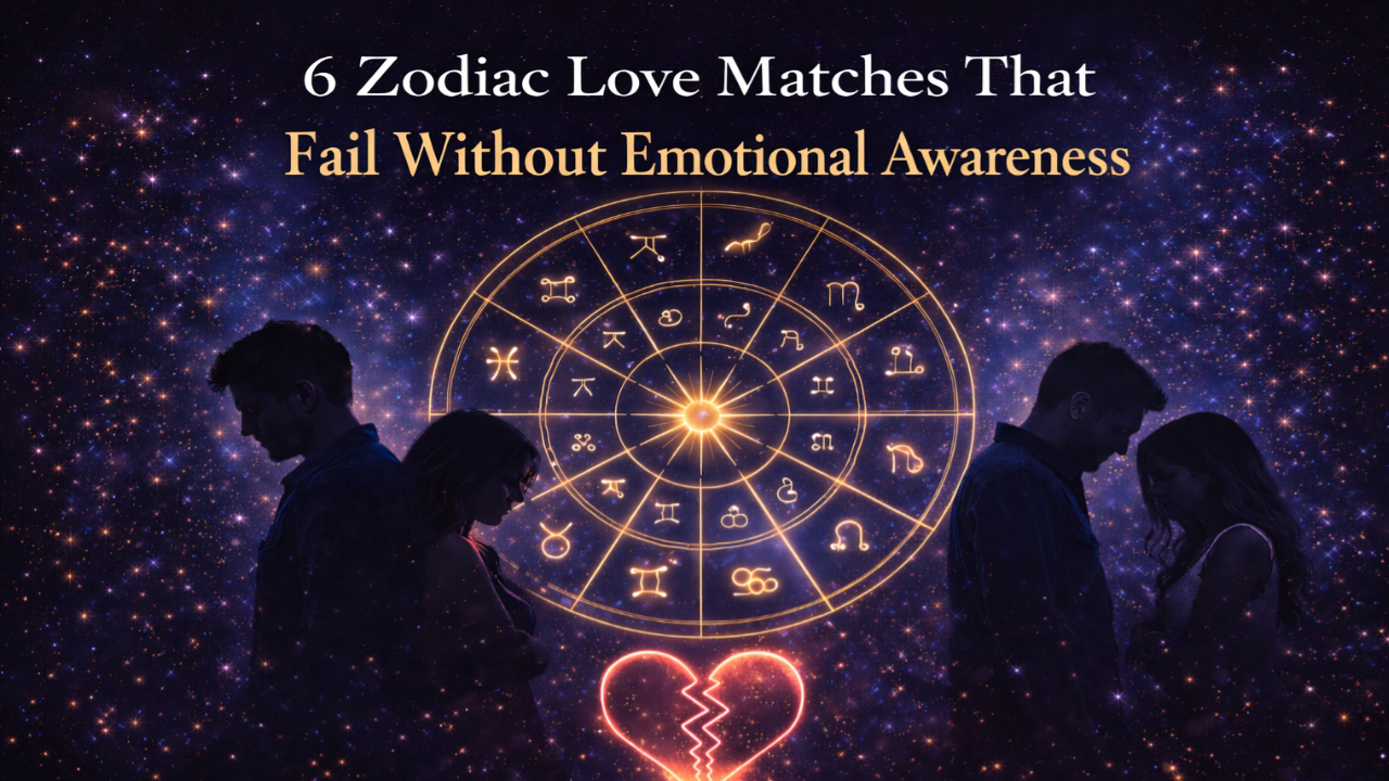 Golden zodiac wheel with broken heart and silhouette couples on starry background