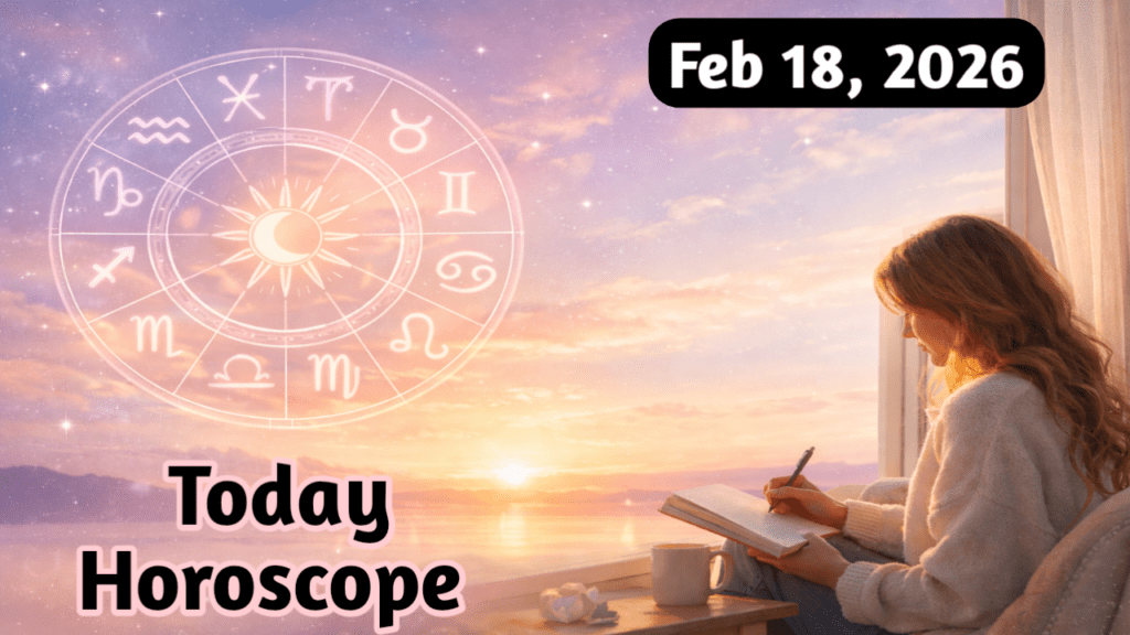 Soft pastel zodiac wheel with sunrise glow symbolizing February 18, 2026 daily horoscope and emotional reset energy