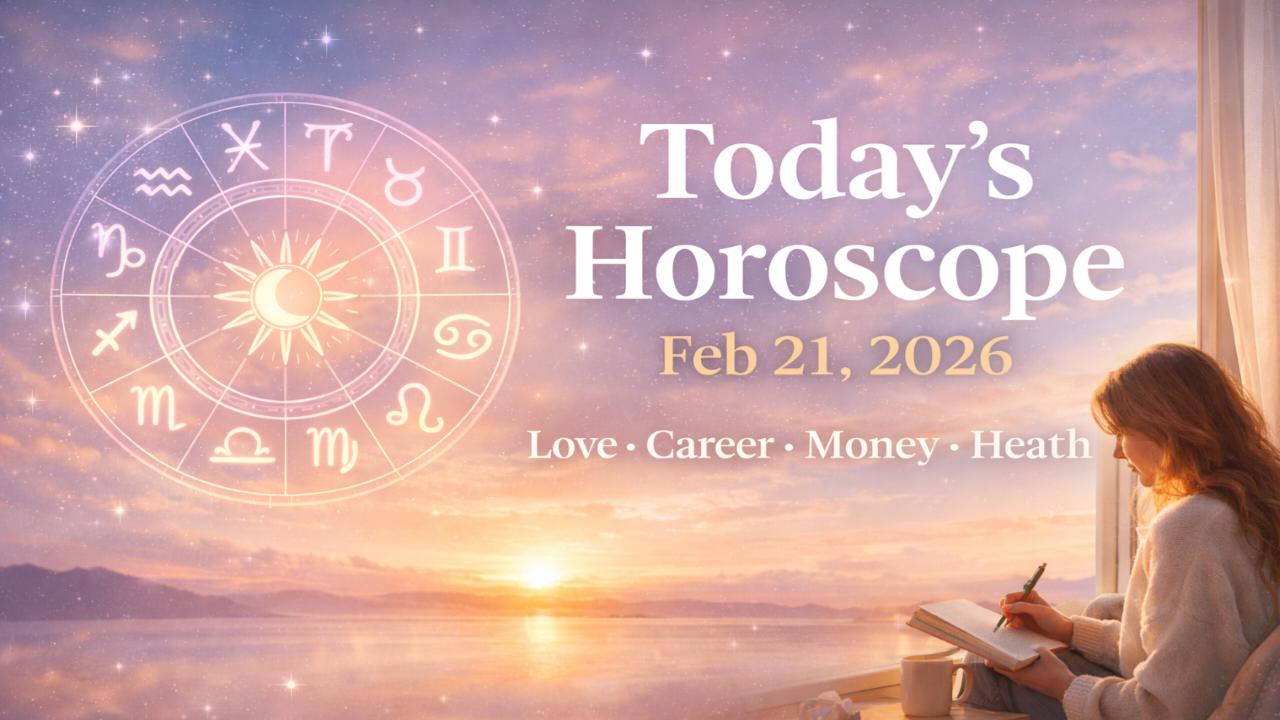 Glowing zodiac wheel over a peaceful sunrise symbolizing February 21, 2026 daily horoscope with love, career, finance and health predictions