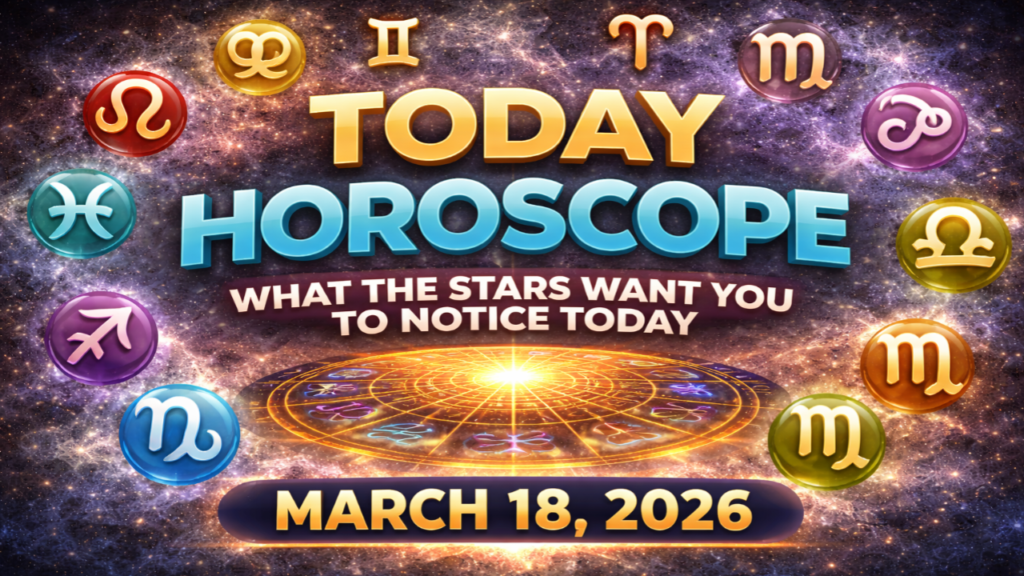Today horoscope March 18 2026 with zodiac signs and glowing astrology wheel on cosmic background