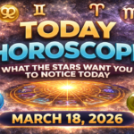 Today horoscope March 18 2026 with zodiac signs and glowing astrology wheel on cosmic background