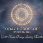 Today horoscope March 20 2026 with zodiac wheel and calm cosmic background representing focus and balance