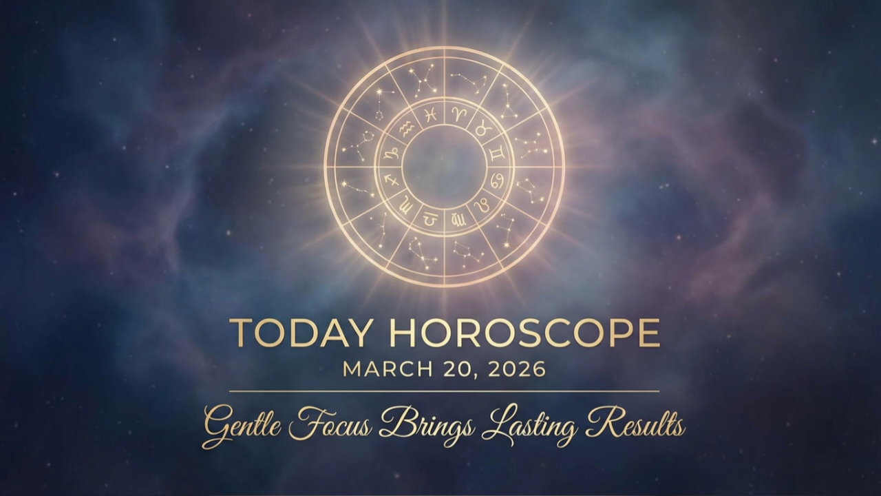 Today horoscope March 20 2026 with zodiac wheel and calm cosmic background representing focus and balance