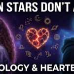 Zodiac love compatibility thumbnail with emotional couple and broken heart on cosmic background