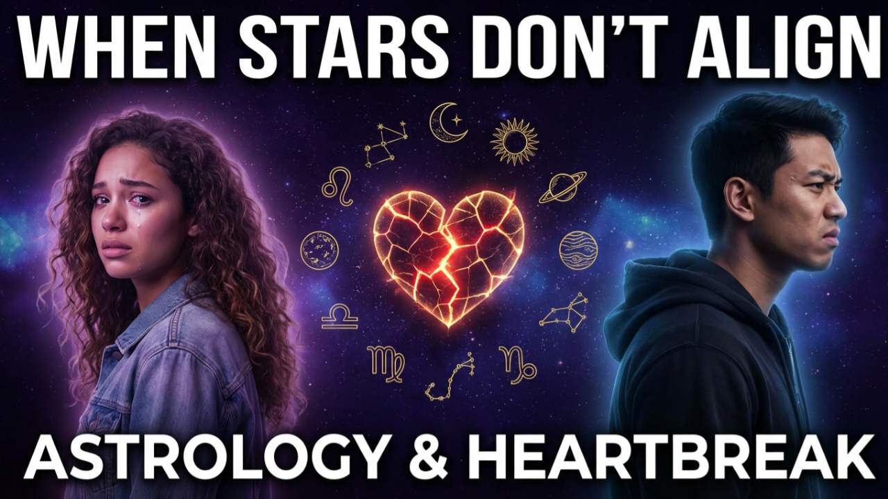 Zodiac love compatibility thumbnail with emotional couple and broken heart on cosmic background