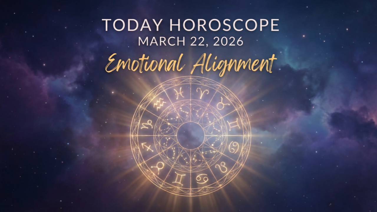 Today horoscope March 22 2026 with zodiac wheel and calm cosmic background representing emotional alignment