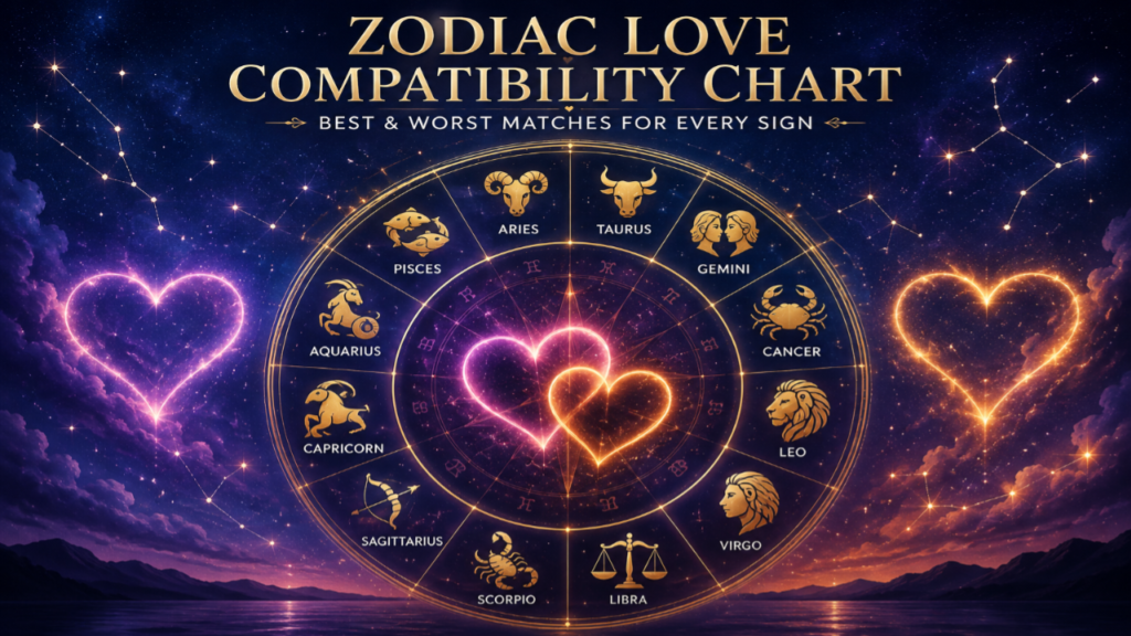 Zodiac love compatibility chart showing the best and most challenging matches for all 12 zodiac signs
